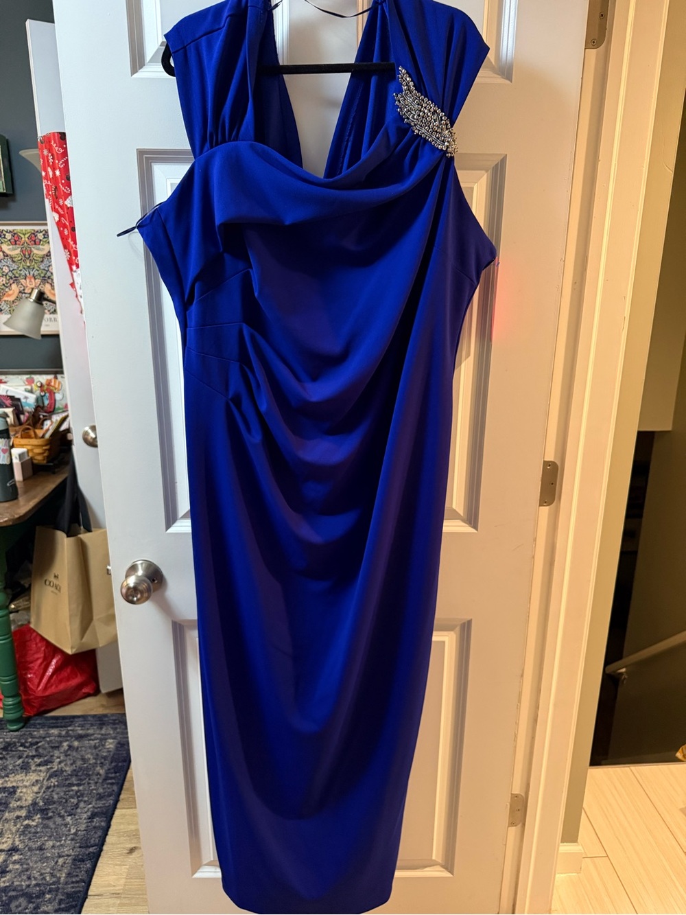 Alex Evenings Royal Blue Draped Midi Dress with Embellished Shoulder